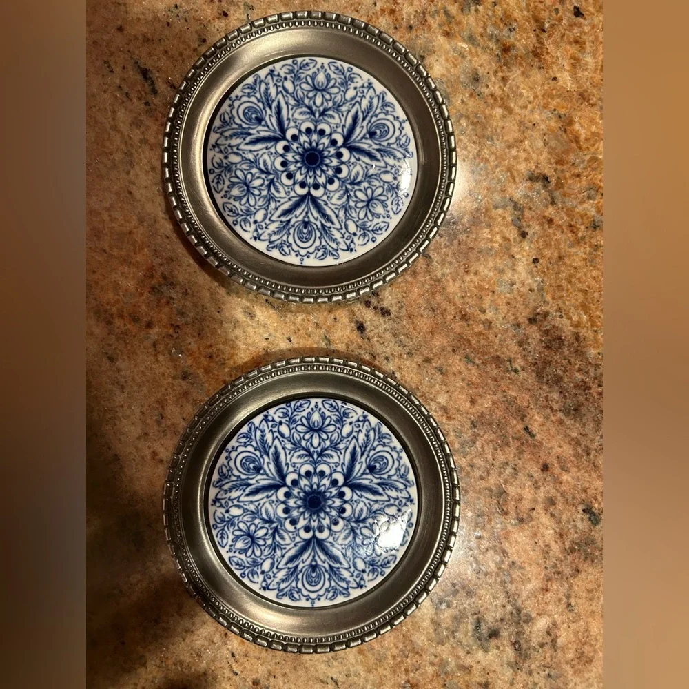 Handcast Pewter&Tile Coasters 4” Blue Porcelain Inlay. Set of 2 Made in Holland